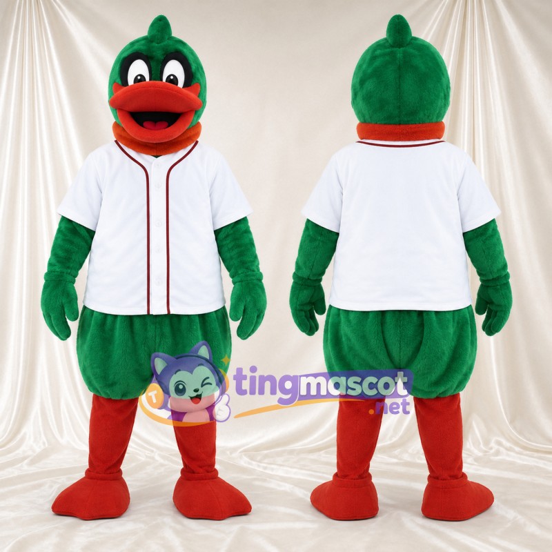 Maskottchenkostüm Ente – grün – Baseballtrikot (weiß); Füße (rot)