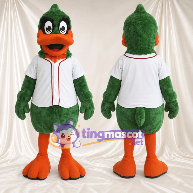 Maskottchenkostüm Ente – grün – Baseballtrikot (weiß); Füße (orange)