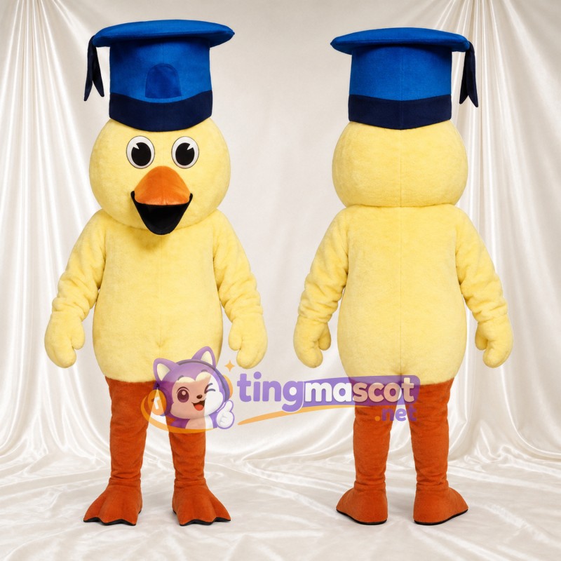Costume de mascotte Canard – jaune – Coiffe de diplômé (bleu)