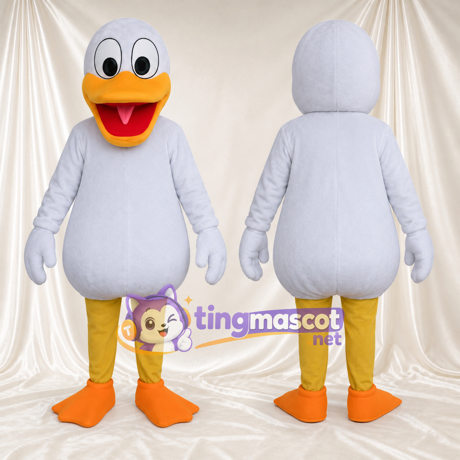 Costume de mascotte Canard – blanc – Pieds (orange); Bec (orange) Costume de mascotte Canard – blanc – Pieds (orange); Bec (orange)