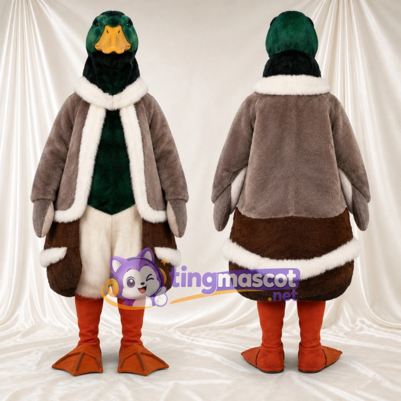 Brown Duck Mascot Costume - Green Head and White Scarf