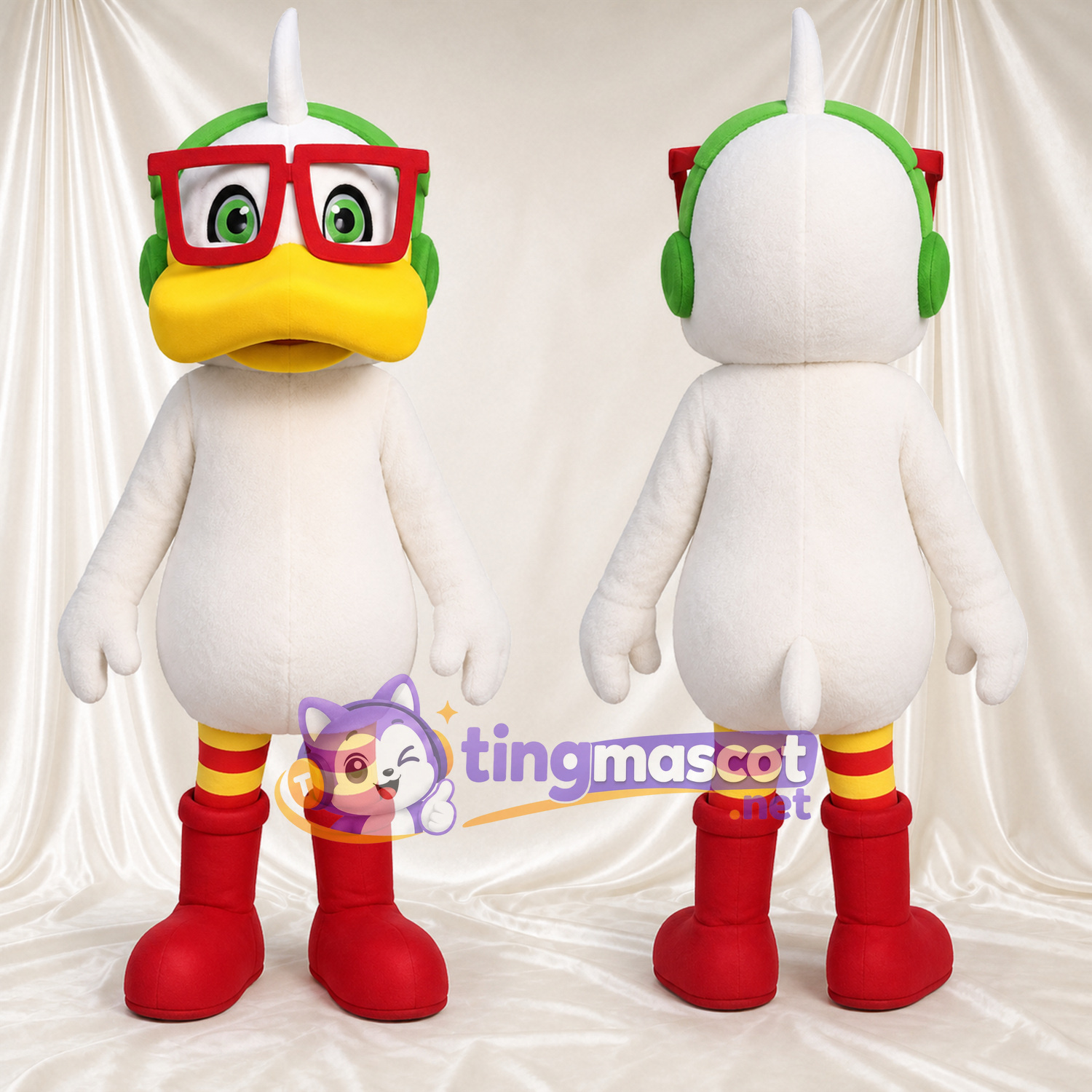 Costume de mascotte Canard – blanc – Lunettes (rouge); Casque audio (vert) Costume de mascotte Canard – blanc – Lunettes (rouge); Casque audio (vert)