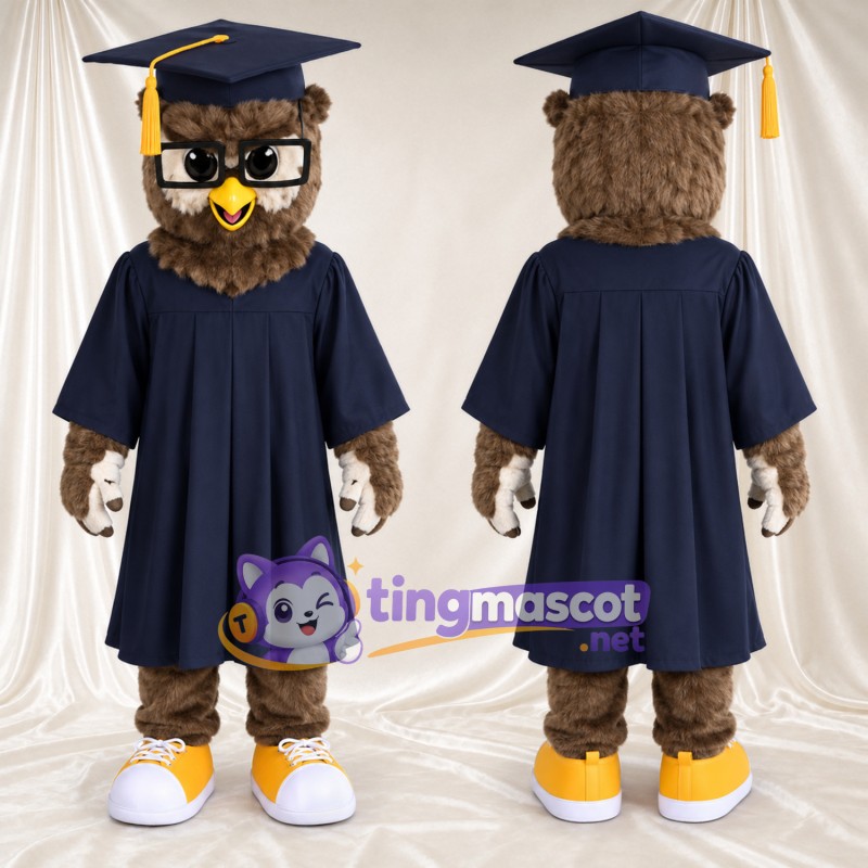 Costume de mascotte Hibou – marron – Toge de diplômé (bleu); Casquette