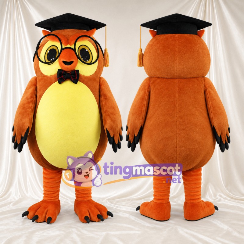 Costume de mascotte Hibou – orange – Coiffe de diplômé; Lunettes