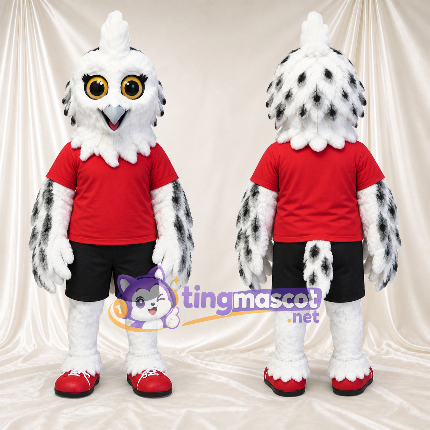 Costume de mascotte Hibou – blanc – Chemise (rouge); Short (noir) Costume de mascotte Hibou – blanc – Chemise (rouge); Short (noir)