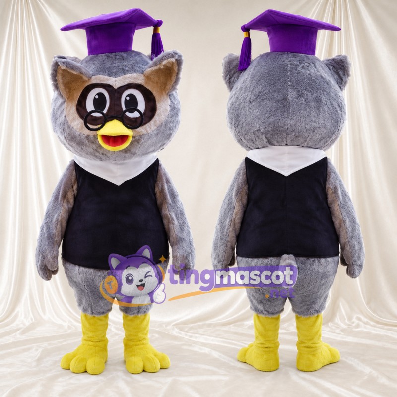 Costume de mascotte Hibou – gris – Coiffe de diplômé (violet); Gilet (noir)