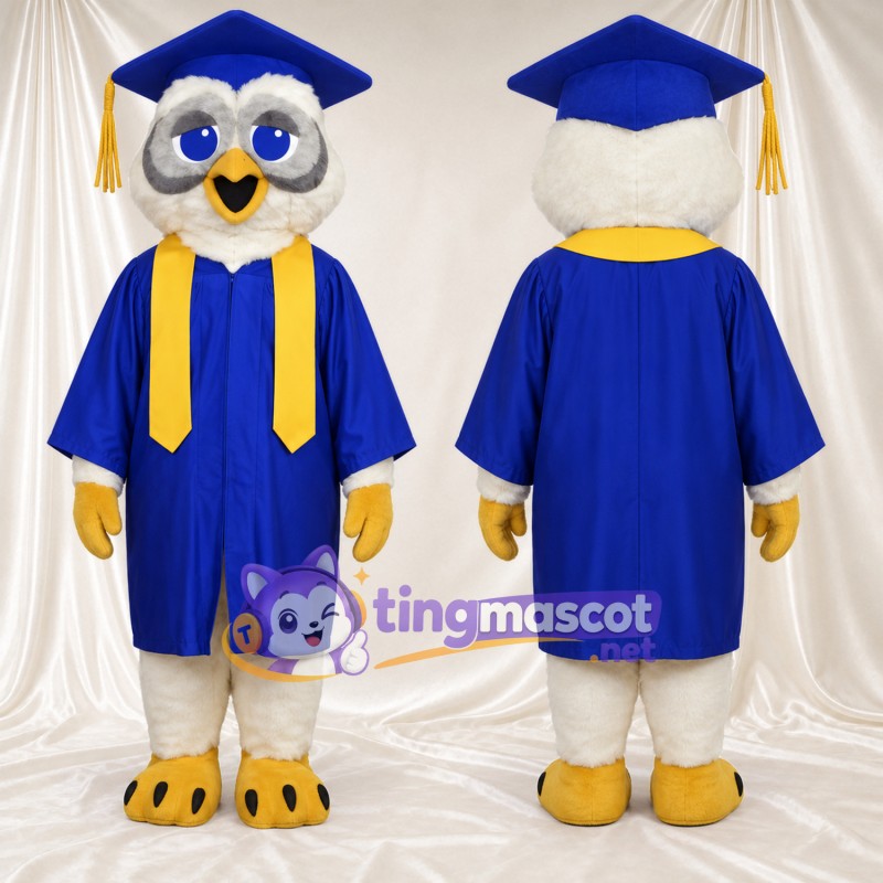 Costume de mascotte Hibou – blanc – Toge de diplômé (bleu)