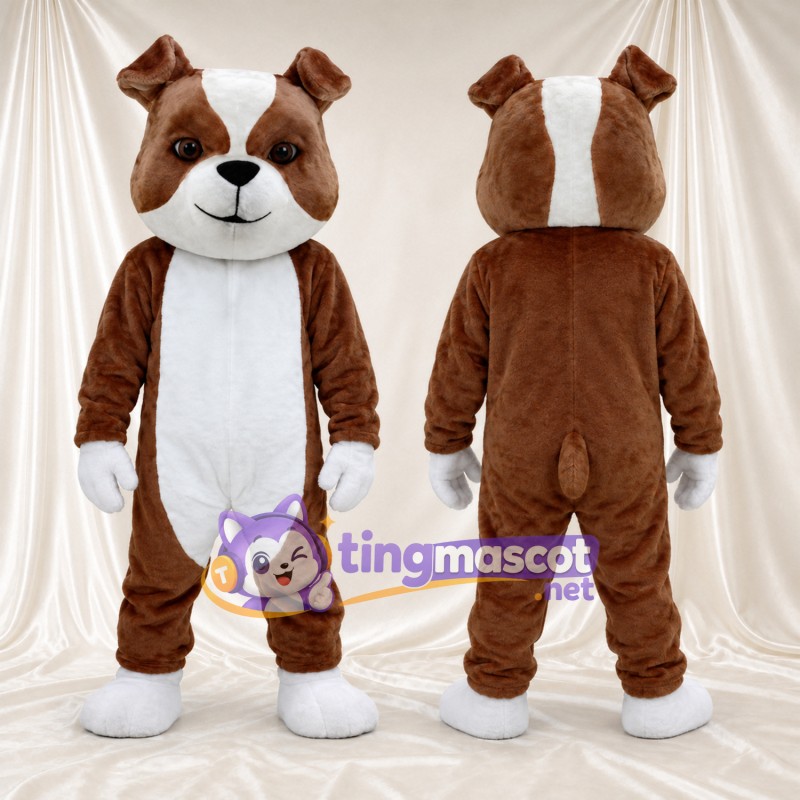 Costume de mascotte Bouledogue – marron / blanc – Gants (blanc); Pieds (blanc)