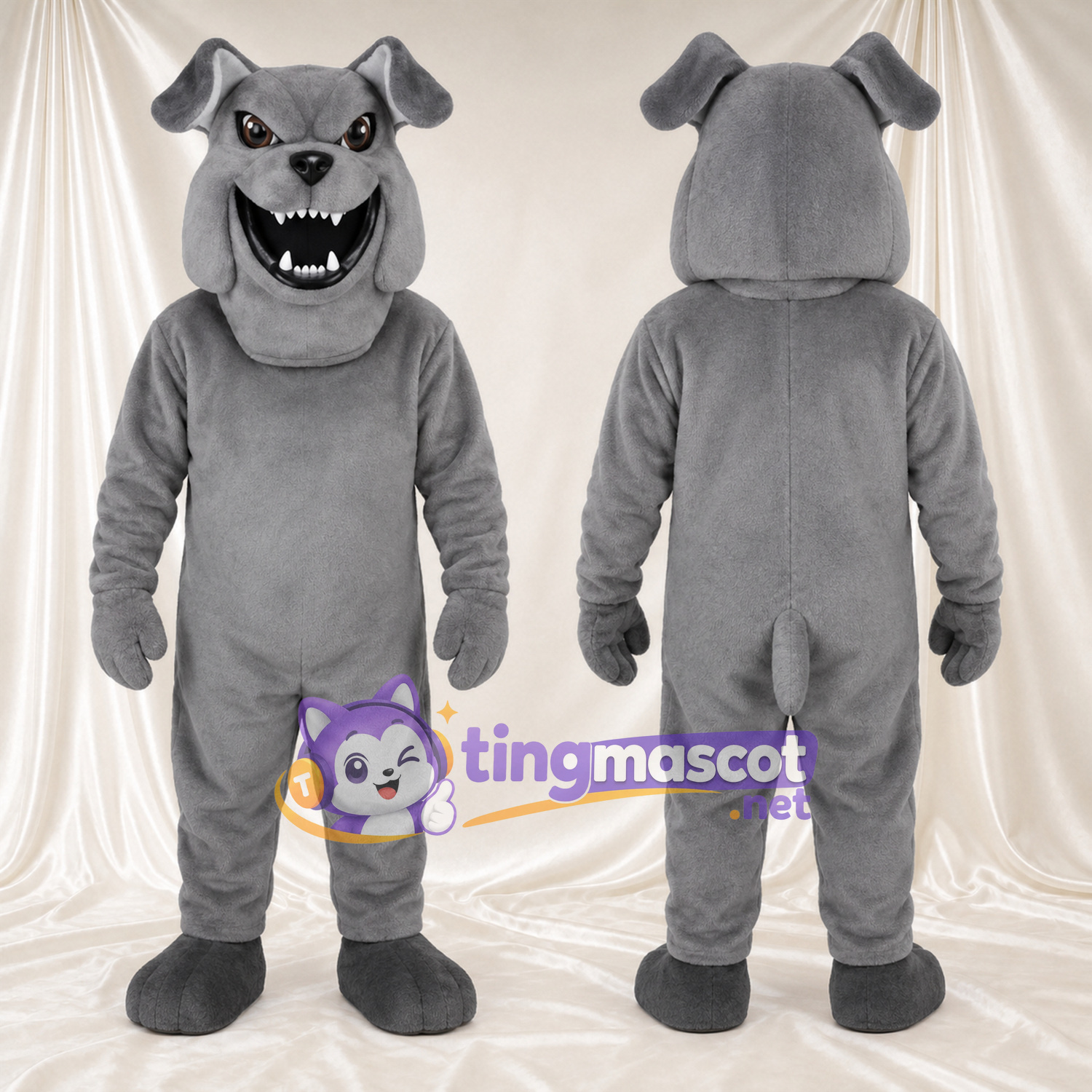 Costume de mascotte Bouledogue – gris – Visage; Crocs pointus Costume de mascotte Bouledogue – gris – Visage; Crocs pointus