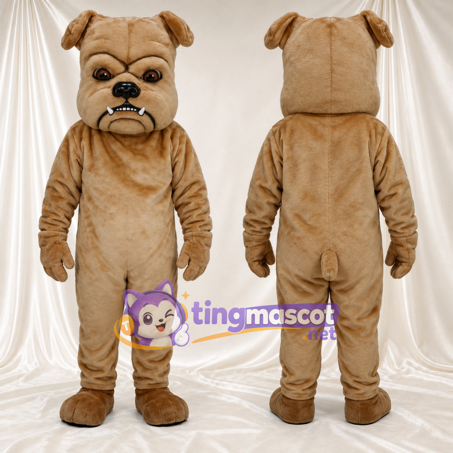 Costume de mascotte Bouledogue – brun clair – Visage; Sourcils inclinés Costume de mascotte Bouledogue – brun clair – Visage; Sourcils inclinés