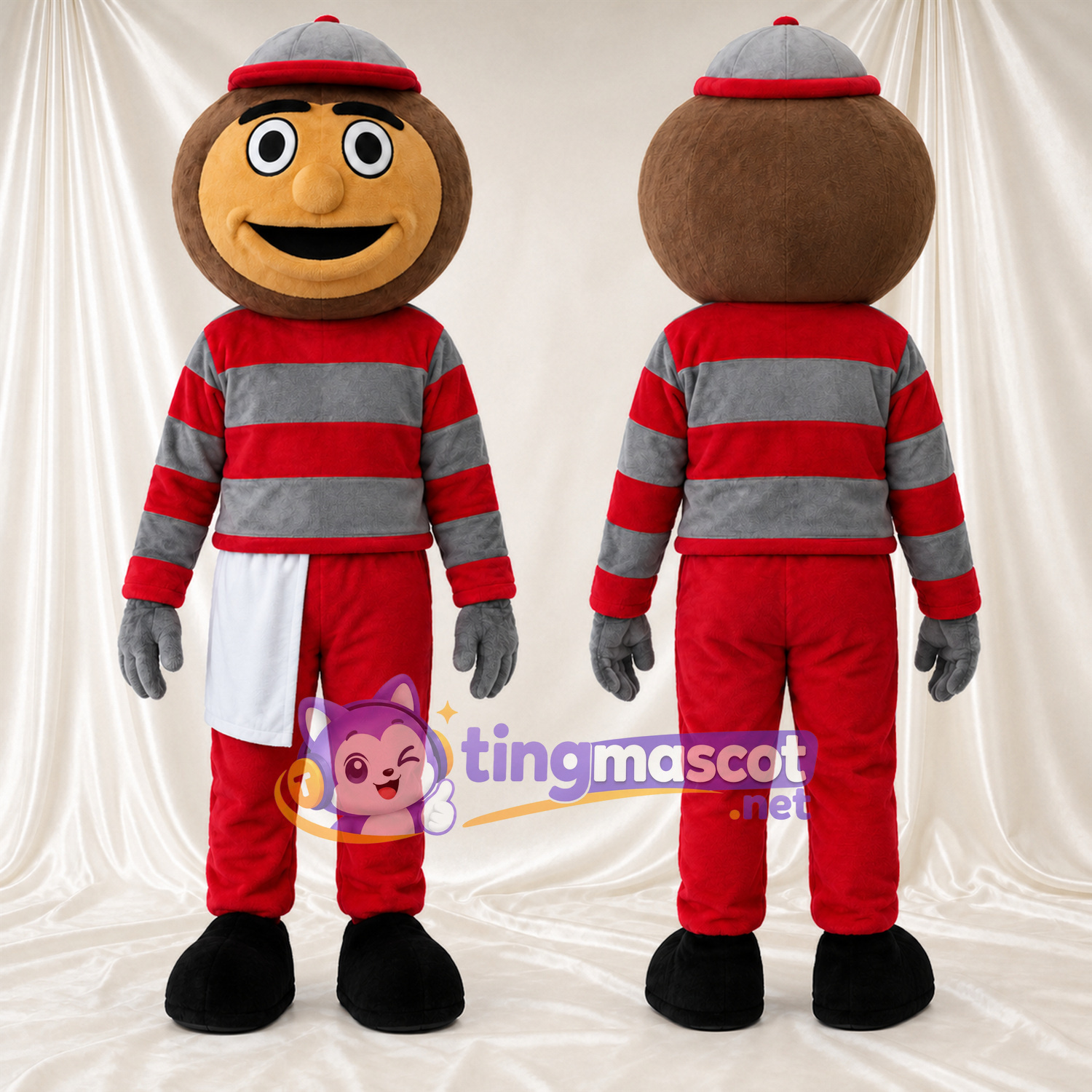 Cartoon Boy Mascot Costume - Red and Gray Striped Outfit Cartoon Boy Mascot Costume - Red and Gray Striped Outfit