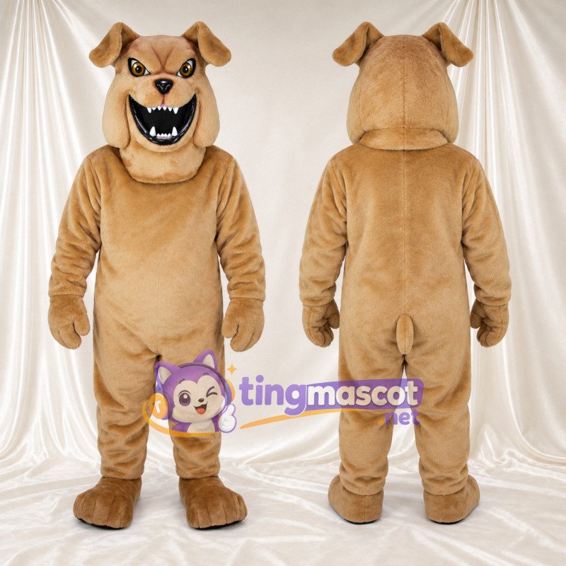 Costume de mascotte Bouledogue – brun clair – Bouche ouverte; Crocs pointus