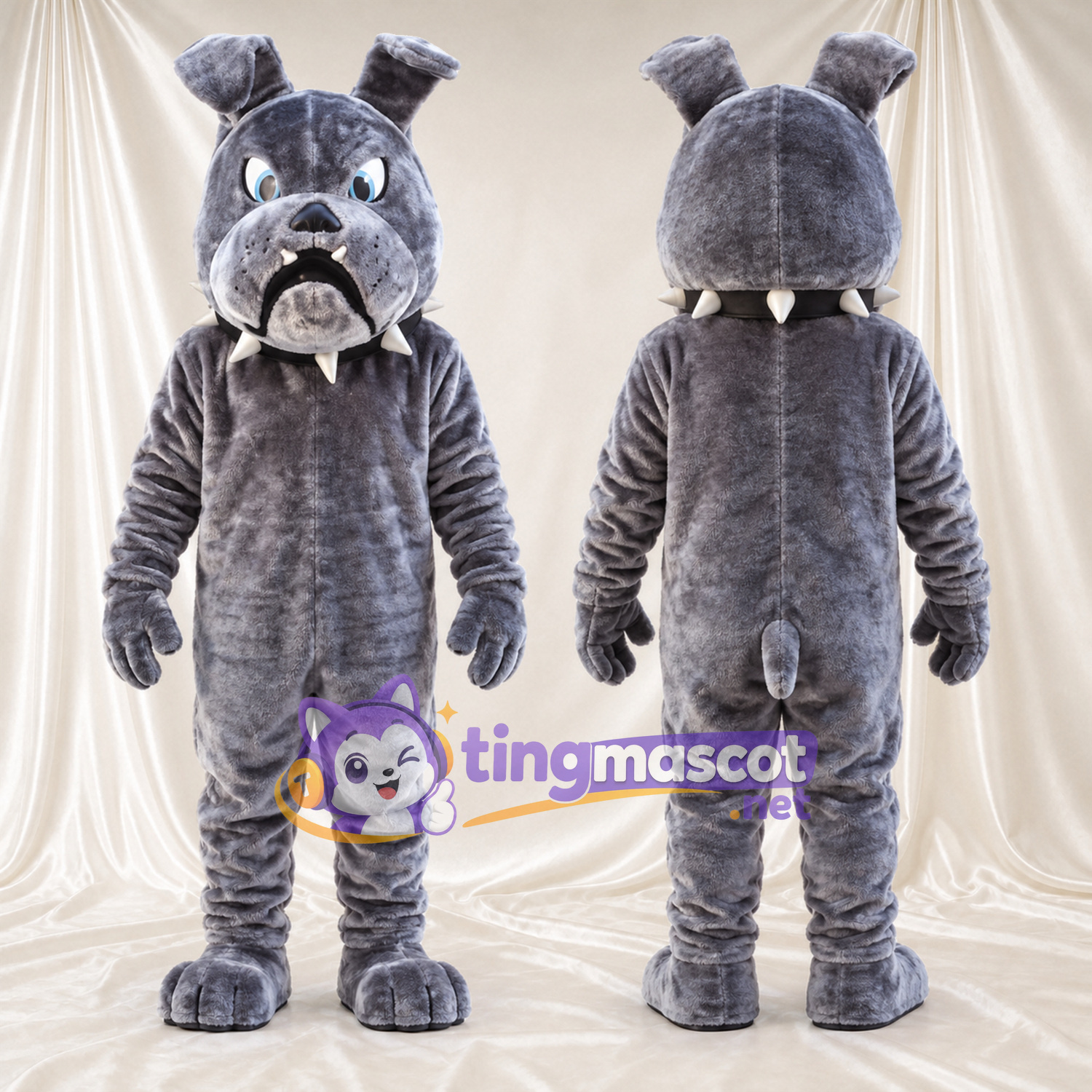 Costume de mascotte Bouledogue – gris – Collier à pointes Costume de mascotte Bouledogue – gris – Collier à pointes