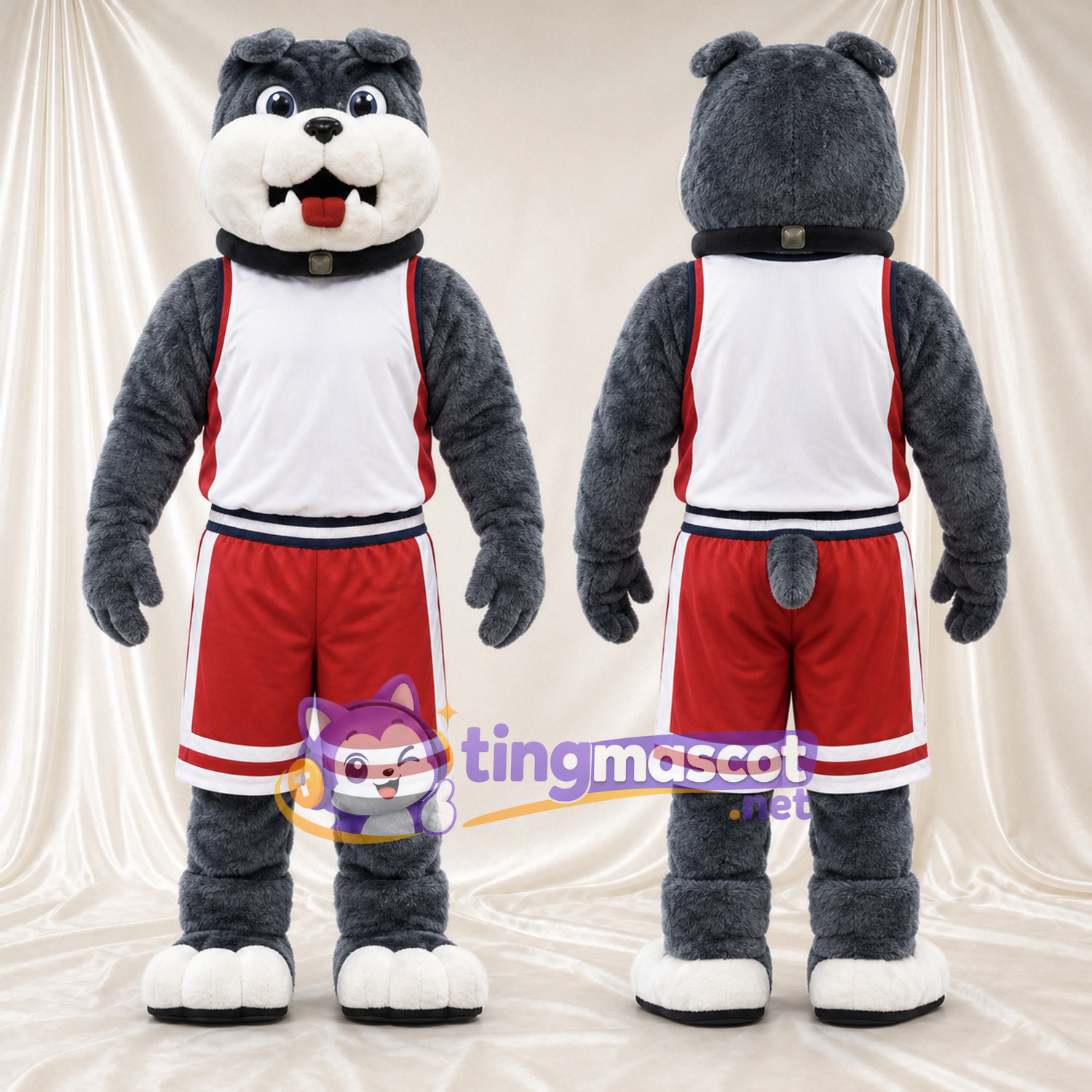 Costume de mascotte Bouledogue – gris – Chemise (blanc); Short (rouge) Costume de mascotte Bouledogue – gris – Chemise (blanc); Short (rouge)