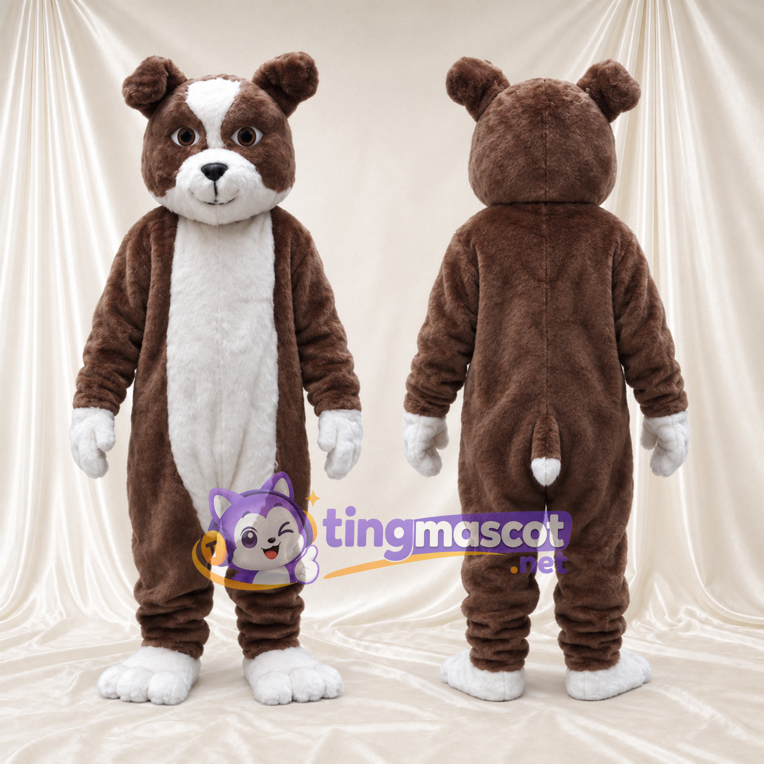 Costume de mascotte Bouledogue – marron / blanc – Gants (blanc); Pieds (blanc) Costume de mascotte Bouledogue – marron / blanc – Gants (blanc); Pieds (blanc)