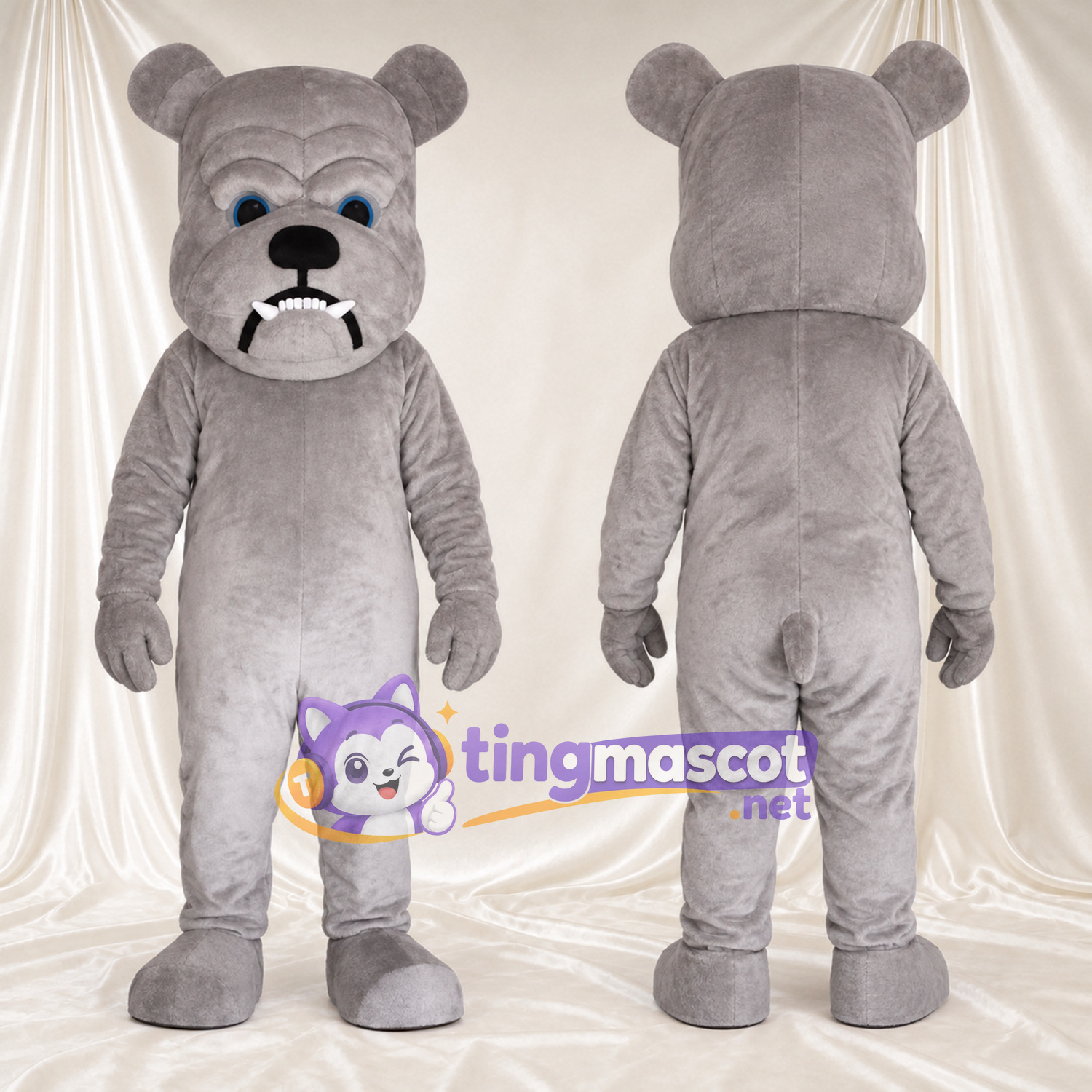 Costume de mascotte Bouledogue – gris – Museau (blanc); Grandes incisives Costume de mascotte Bouledogue – gris – Museau (blanc); Grandes incisives