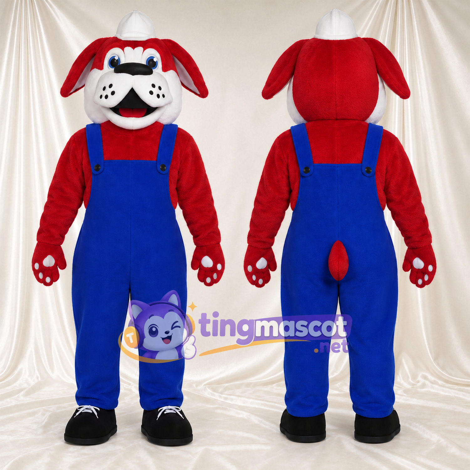 Costume de mascotte Bouledogue – rouge – Salopette (bleu) Costume de mascotte Bouledogue – rouge – Salopette (bleu)