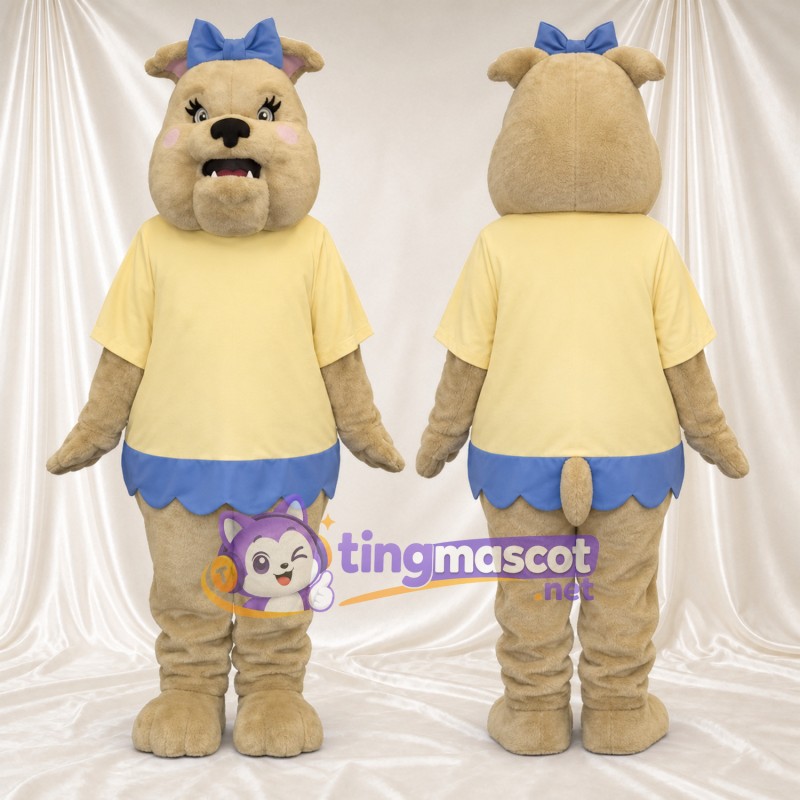 Costume de mascotte Bouledogue – brun clair – Chemise (jaune); Nœud (bleu)
