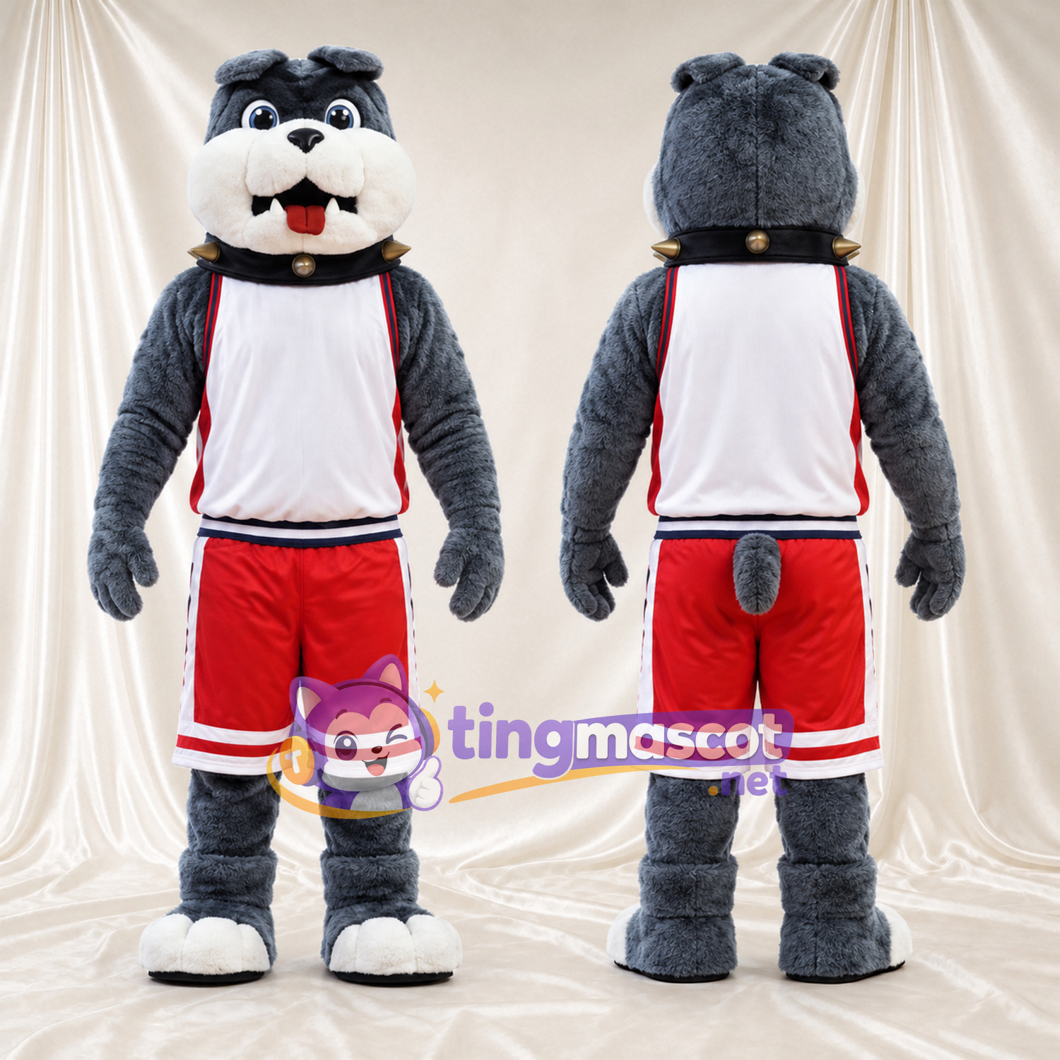 Costume de mascotte Bouledogue – gris – Chemise (blanc); Short (rouge) Costume de mascotte Bouledogue – gris – Chemise (blanc); Short (rouge)