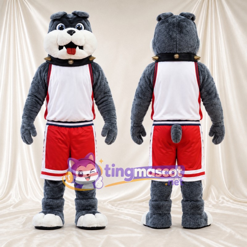 Costume de mascotte Bouledogue – gris – Chemise (blanc); Short (rouge)