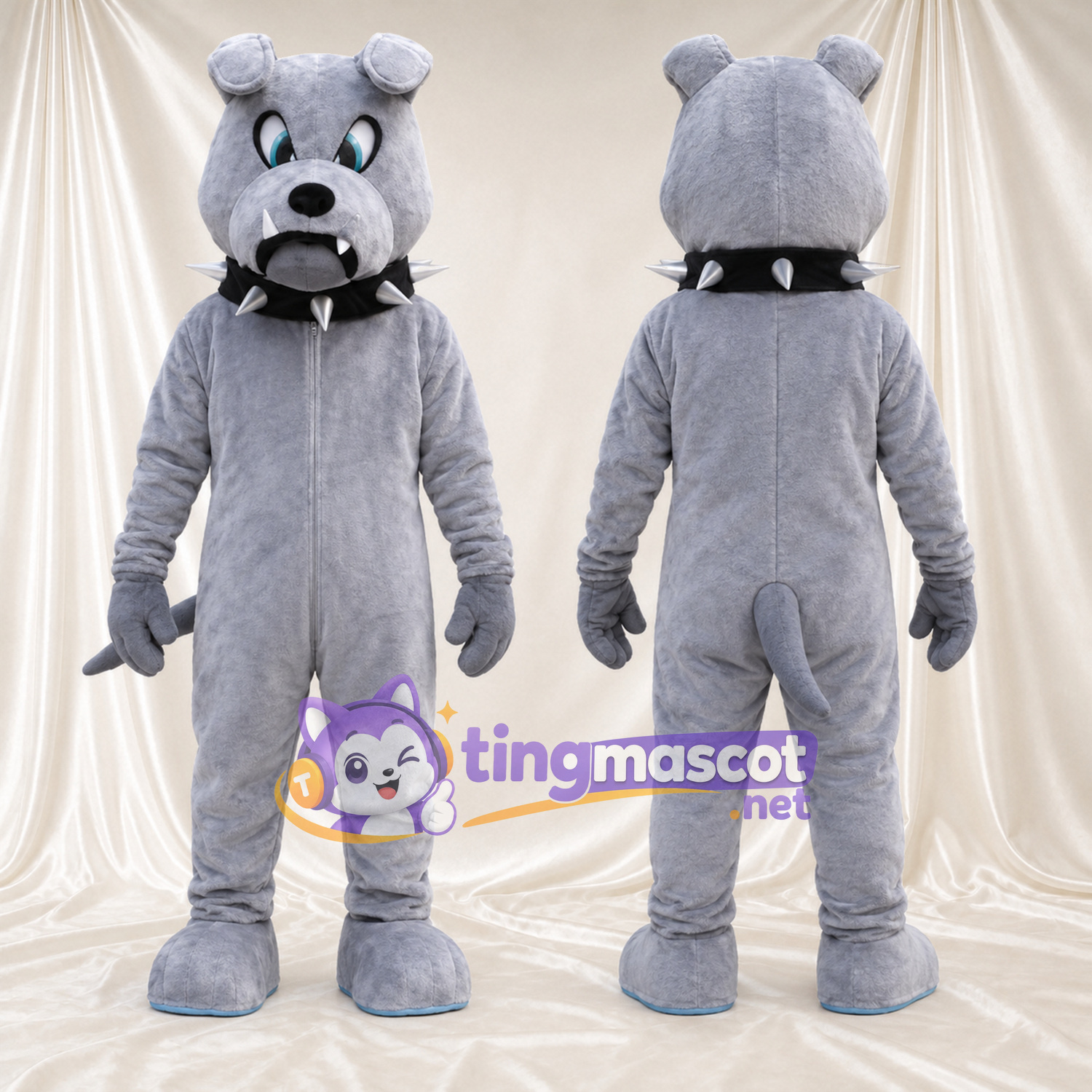 Costume de mascotte Bouledogue – gris – Collier à pointes (noir)