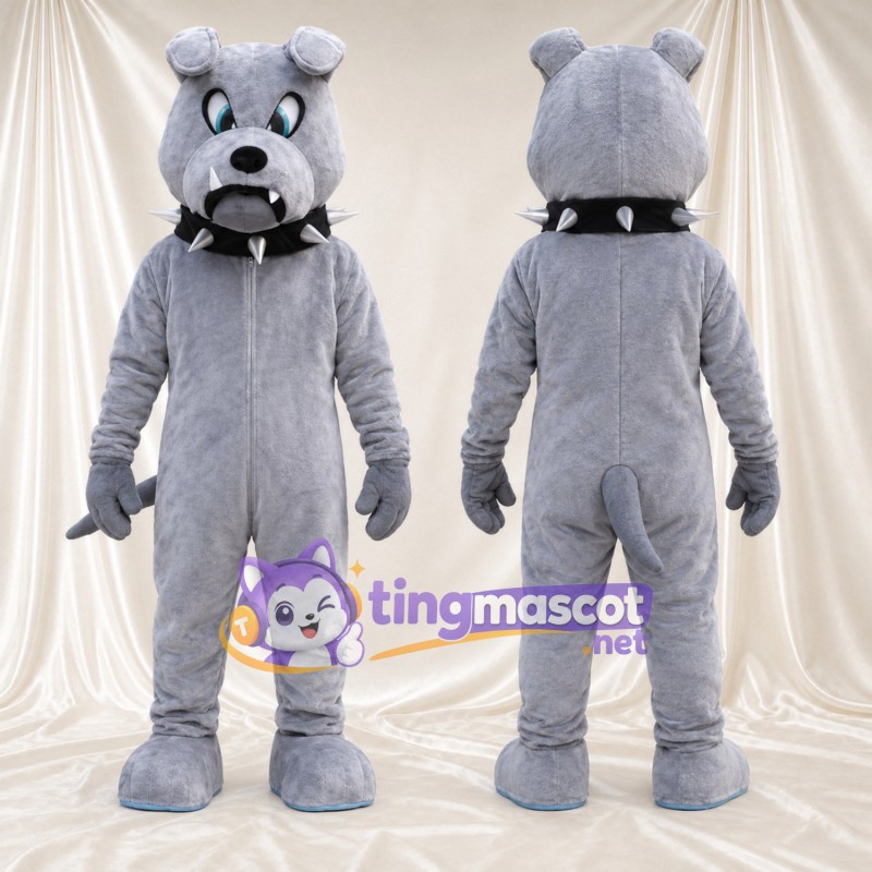 Costume de mascotte Bouledogue – gris – Collier à pointes (noir)