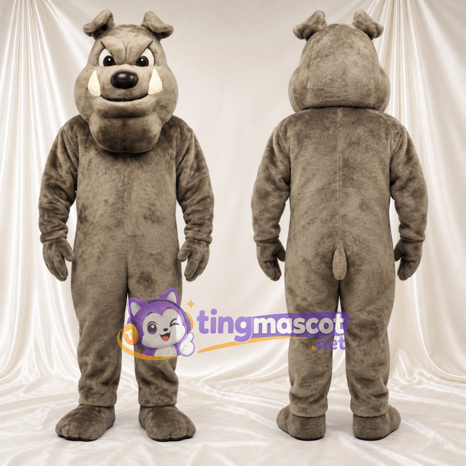 Costume de mascotte Bouledogue – gris – Museau (blanc); Sourcils inclinés Costume de mascotte Bouledogue – gris – Museau (blanc); Sourcils inclinés
