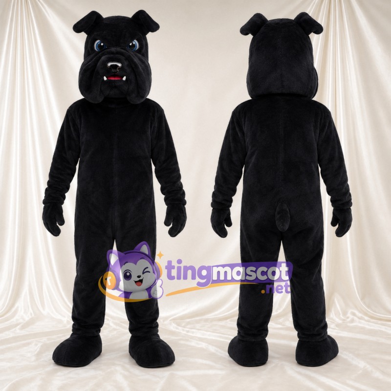 Black Bulldog Mascot Costume - Wrinkled Face and Pointed Fangs
