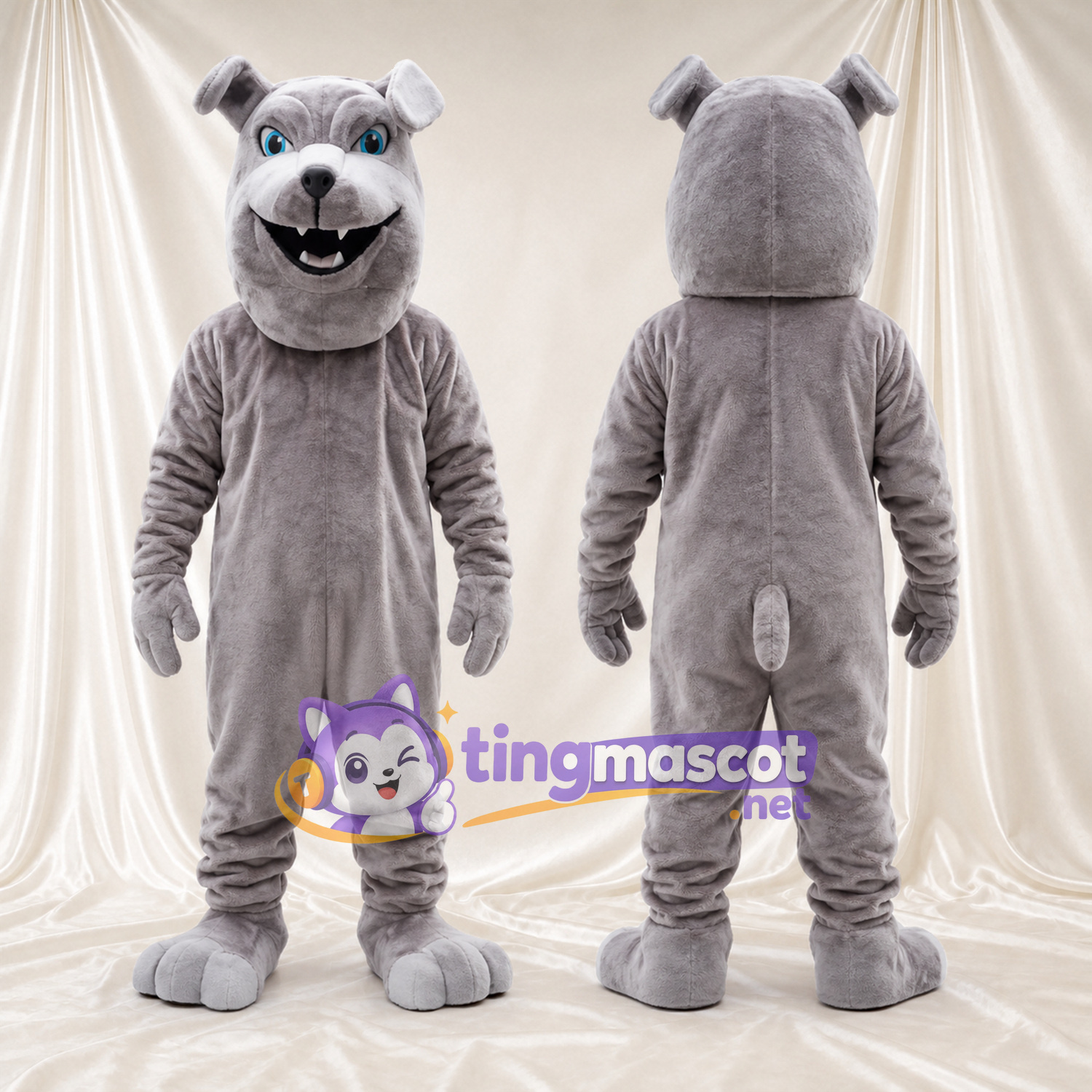 Costume de mascotte Bouledogue – gris – Museau (blanc); Yeux (bleu) Costume de mascotte Bouledogue – gris – Museau (blanc); Yeux (bleu)