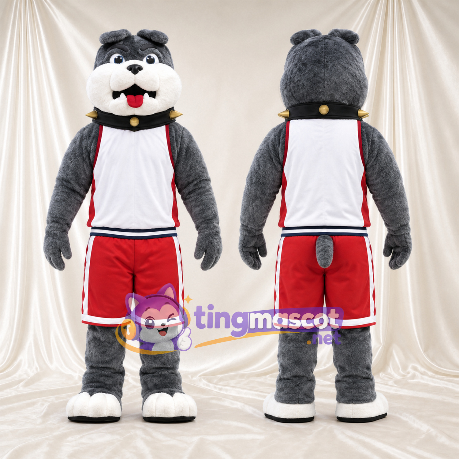 Costume de mascotte Bouledogue – gris – Chemise (blanc); Short (rouge) Costume de mascotte Bouledogue – gris – Chemise (blanc); Short (rouge)