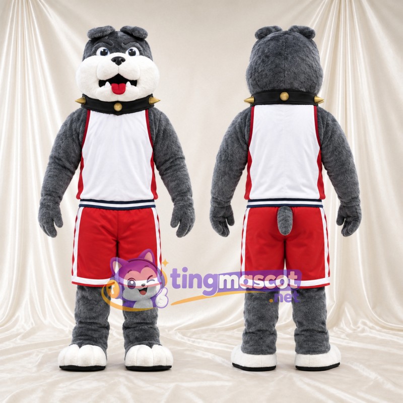 Costume de mascotte Bouledogue – gris – Chemise (blanc); Short (rouge)