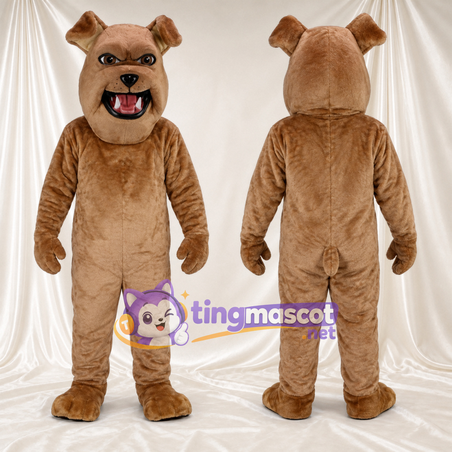 Costume de mascotte Bouledogue – brun clair – Bouche ouverte Costume de mascotte Bouledogue – brun clair – Bouche ouverte