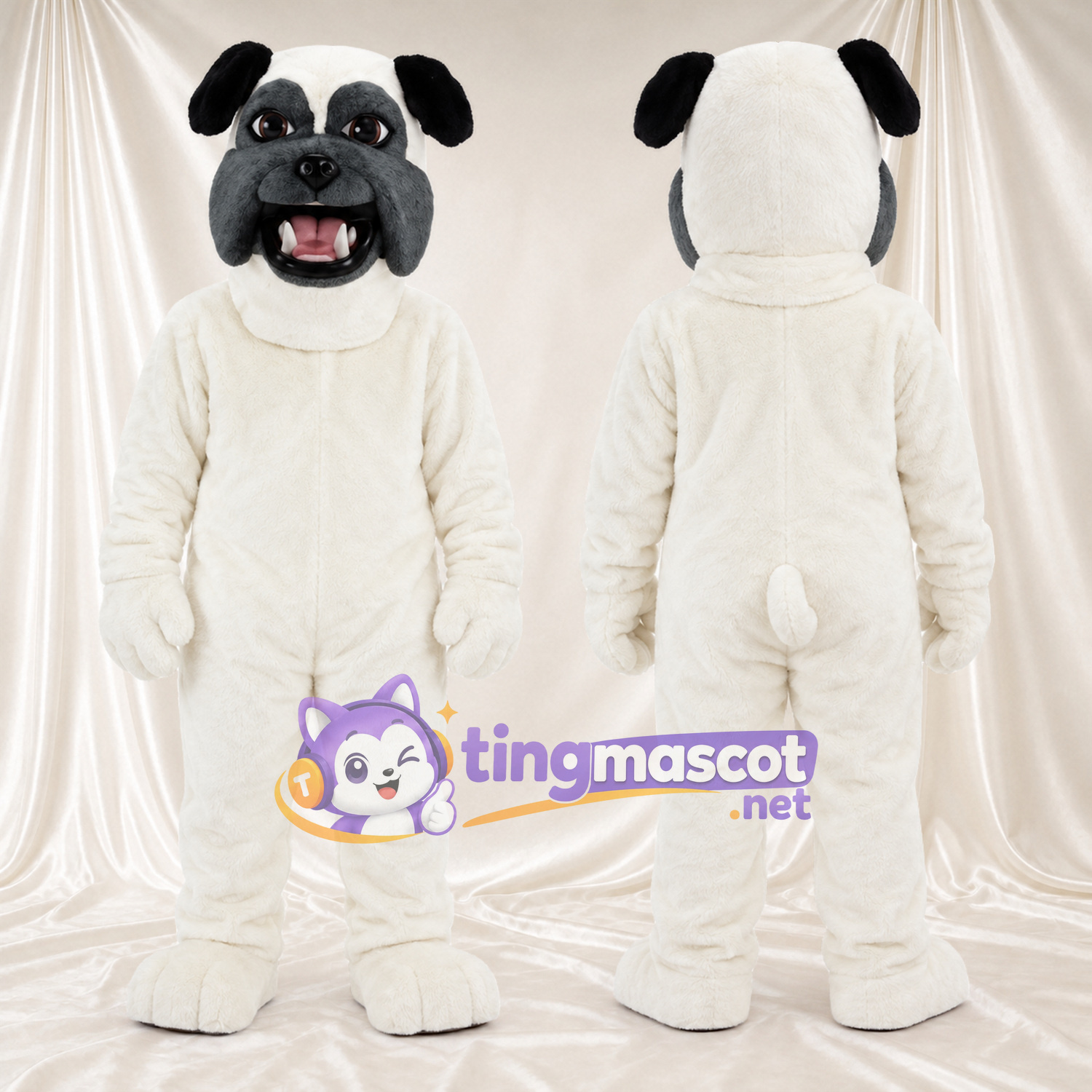 Costume de mascotte Bouledogue – blanc – Visage (noir); Oreilles Costume de mascotte Bouledogue – blanc – Visage (noir); Oreilles