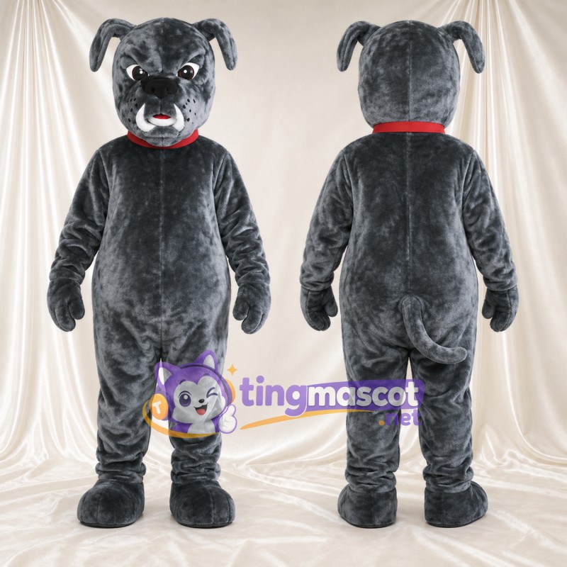 Maskottchenkostüm Bulldogge – grau – Kragen (rot); Zunge (rot)