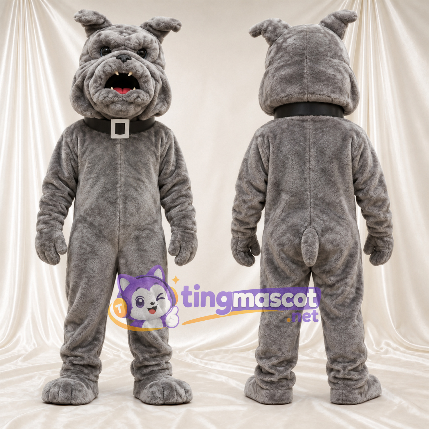 Maskottchenkostüm Bulldogge – grau – Kragen (schwarz) Maskottchenkostüm Bulldogge – grau – Kragen (schwarz)