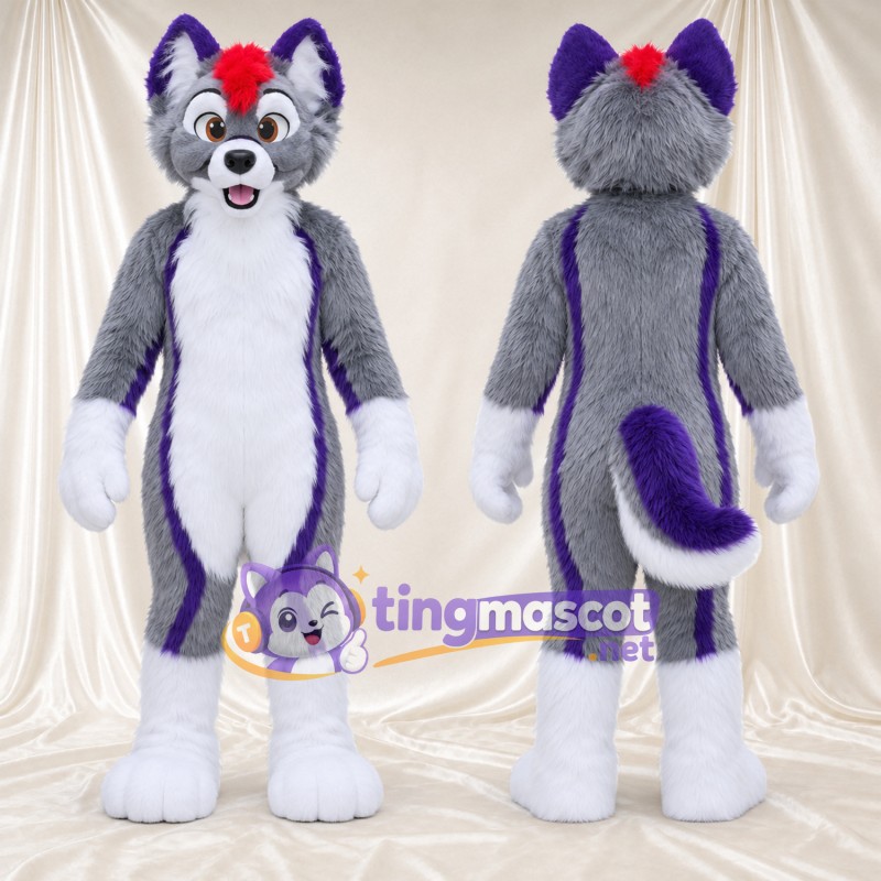 Gray and Purple Husky Mascot Costume - White Belly