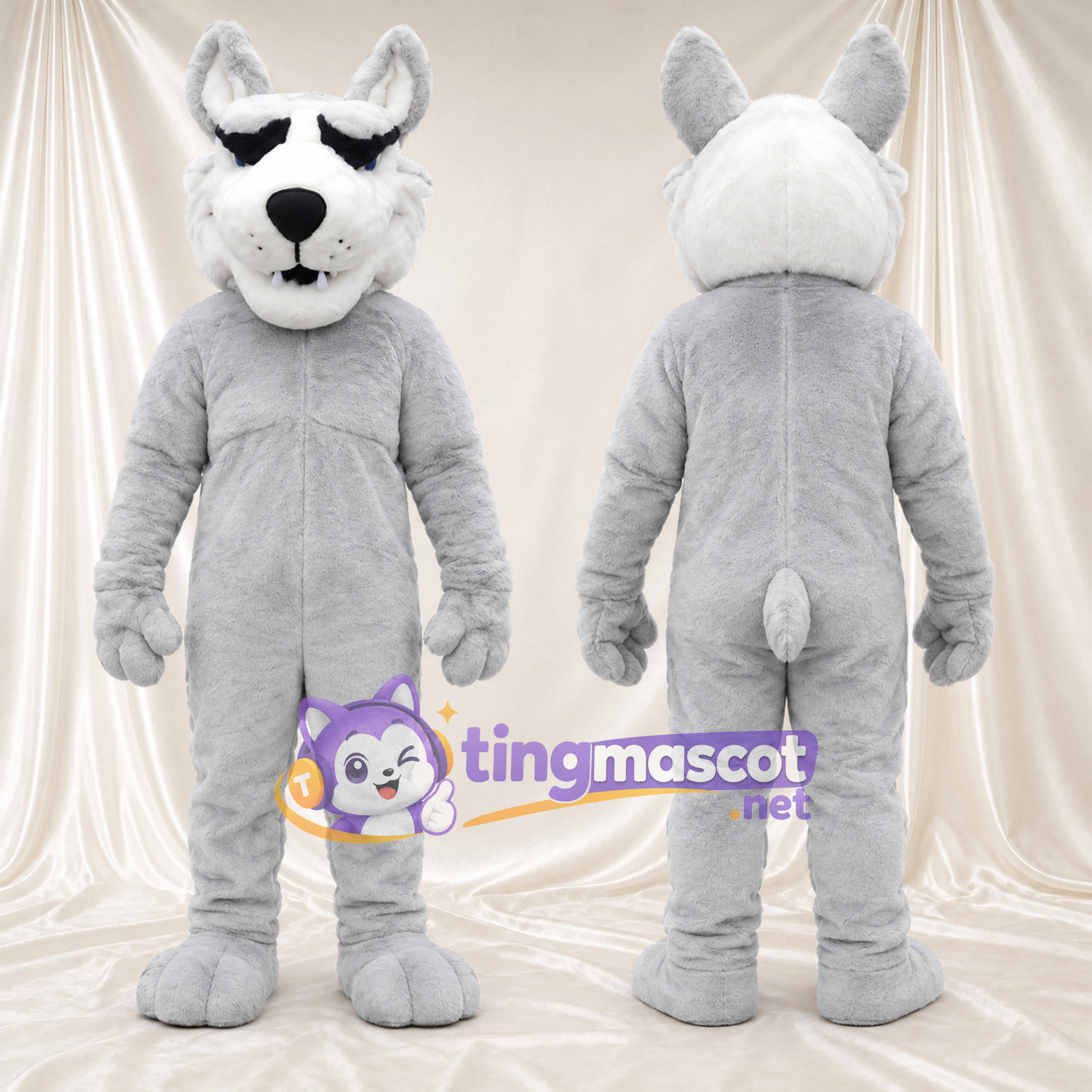 Costume de mascotte Husky – blanc – Queue ronde; Sourcils inclinés Costume de mascotte Husky – blanc – Queue ronde; Sourcils inclinés