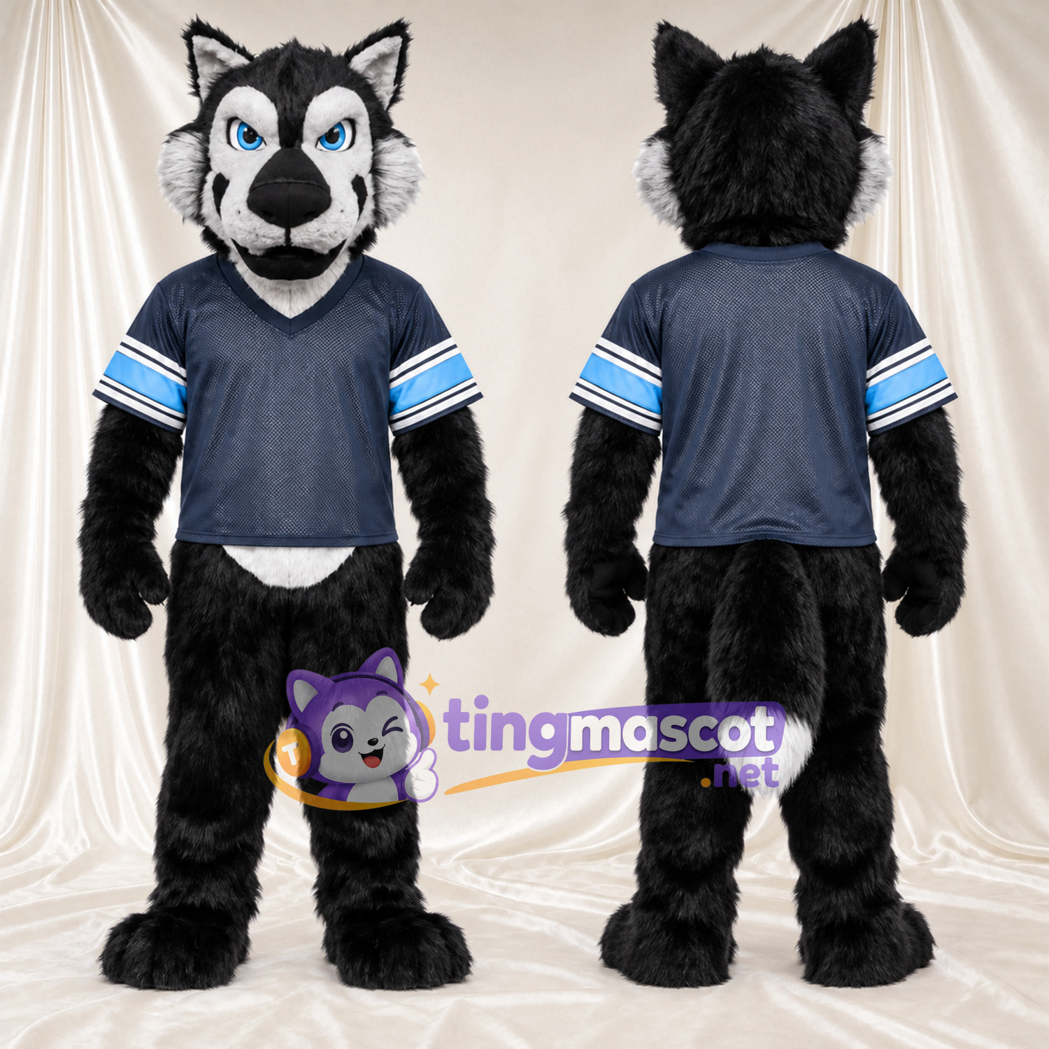Costume de mascotte Husky – noir / blanc – Maillot (bleu) Costume de mascotte Husky – noir / blanc – Maillot (bleu)