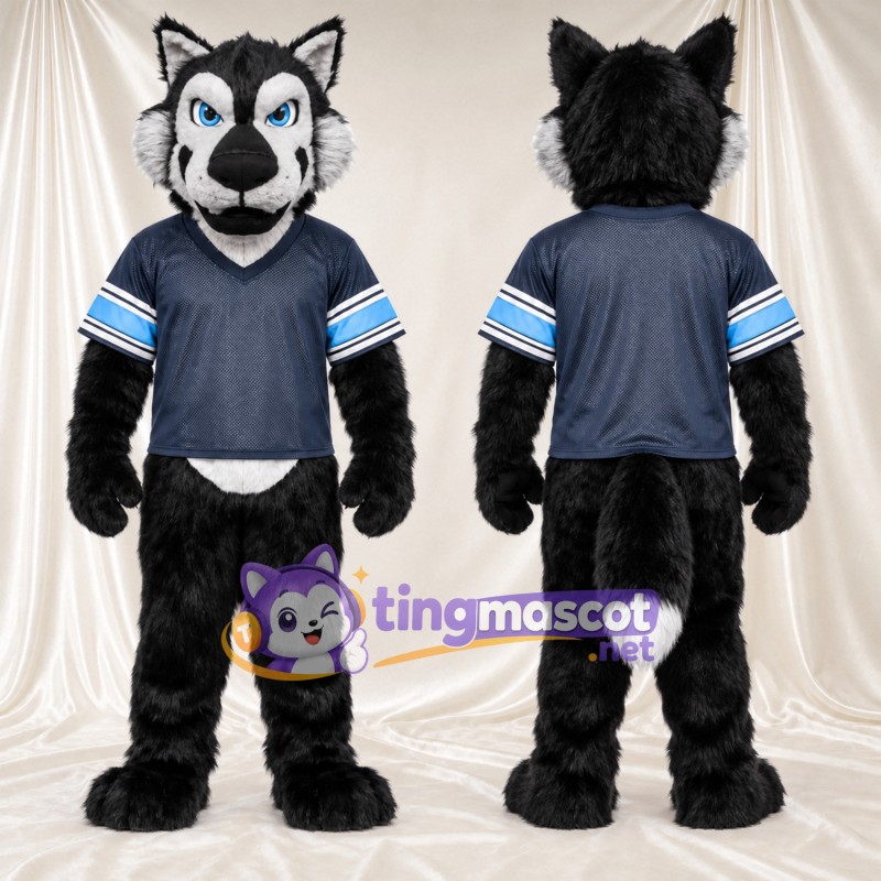 Costume de mascotte Husky – noir / blanc – Maillot (bleu)