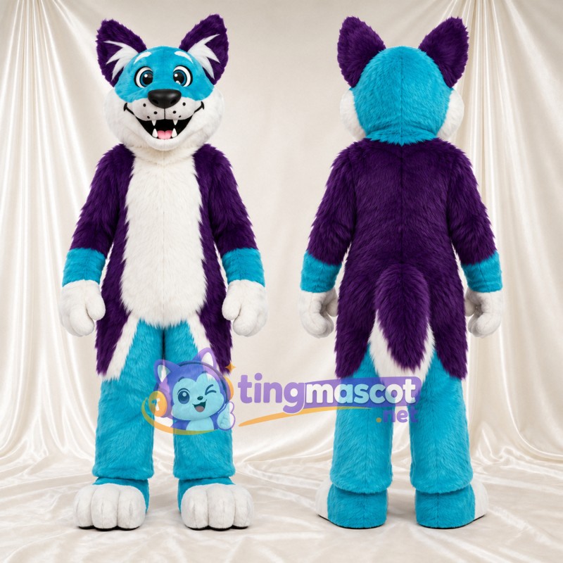 Purple and Teal Husky Mascot Costume - White Belly