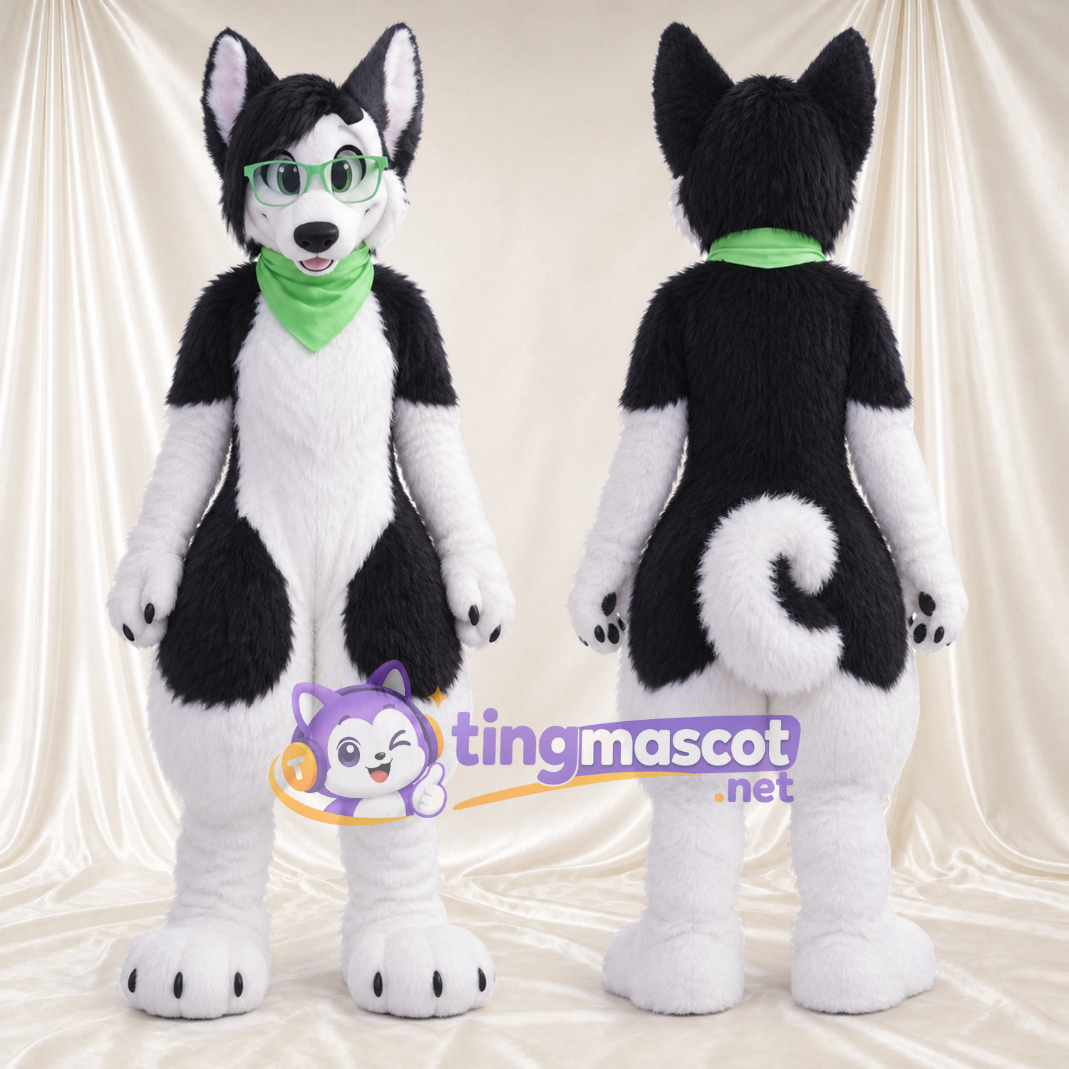 Black and White Husky Mascot Costume - Green Scarf and Glasses Black and White Husky Mascot Costume - Green Scarf and Glasses