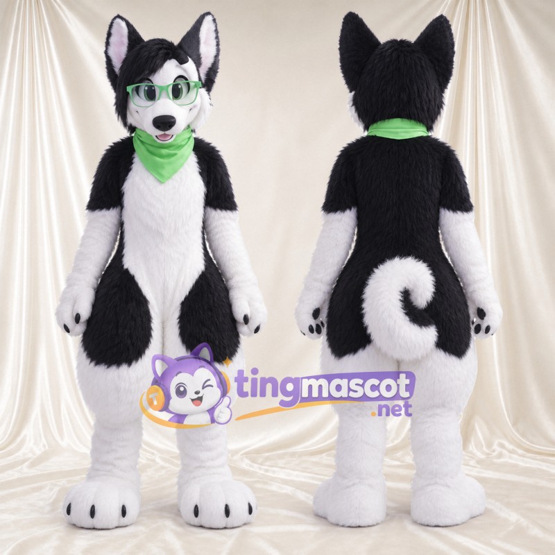 Black and White Husky Mascot Costume - Green Scarf and Glasses