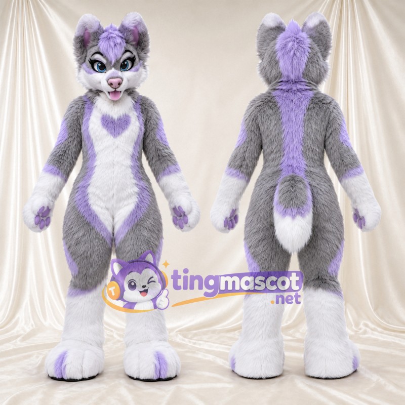 Gray and Purple Dog Mascot Costume - White Belly
