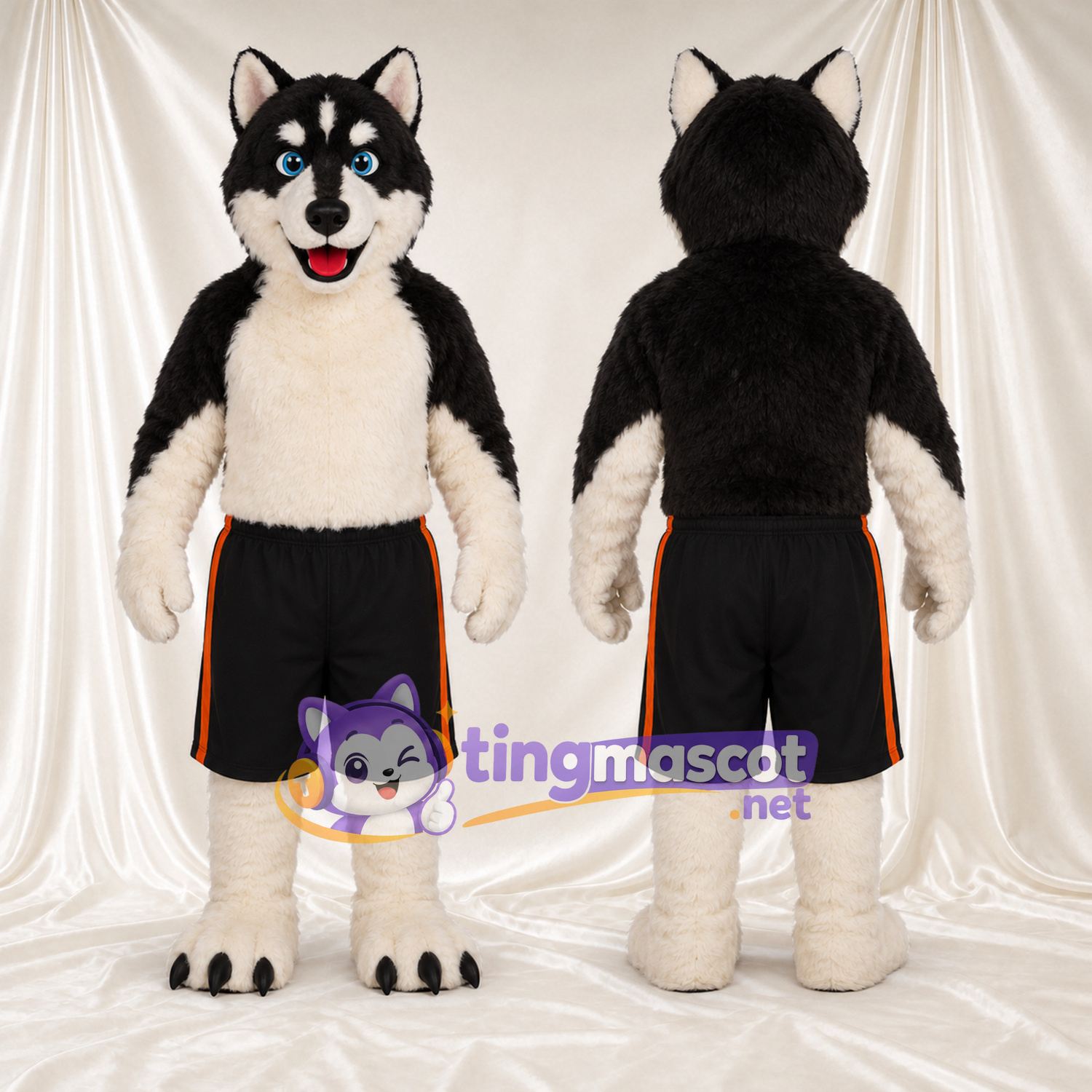 Maskottchenkostüm Husky – schwarz / weiß – Shorts (schwarz); Krallen (schwarz) Maskottchenkostüm Husky – schwarz / weiß – Shorts (schwarz); Krallen (schwarz)