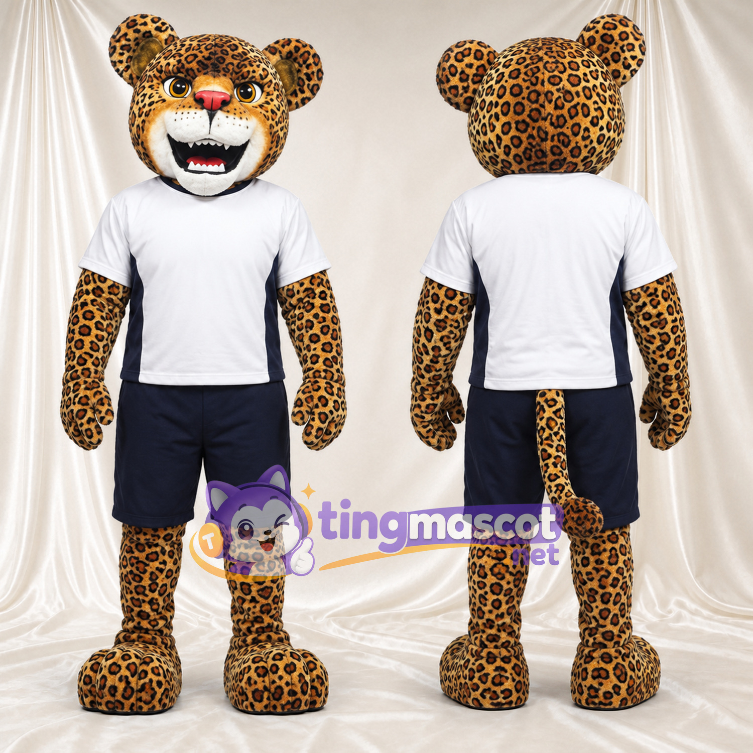 Costume de mascotte Léopard – jaune – Chemise (blanc); Short (noir) Costume de mascotte Léopard – jaune – Chemise (blanc); Short (noir)