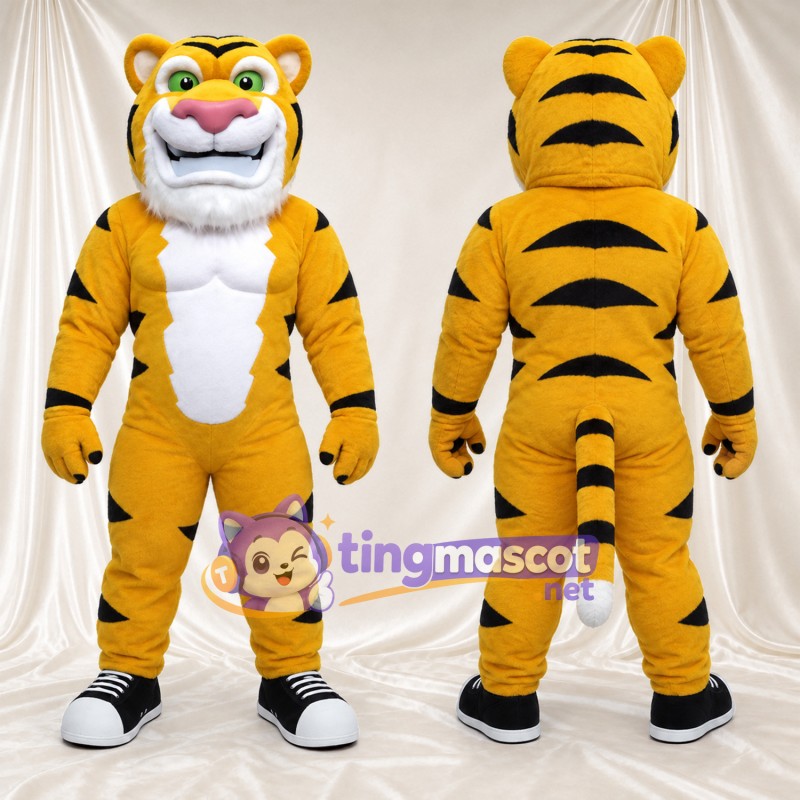 Costume de mascotte Tigre – jaune – Rayures (noir); Ventre (blanc)