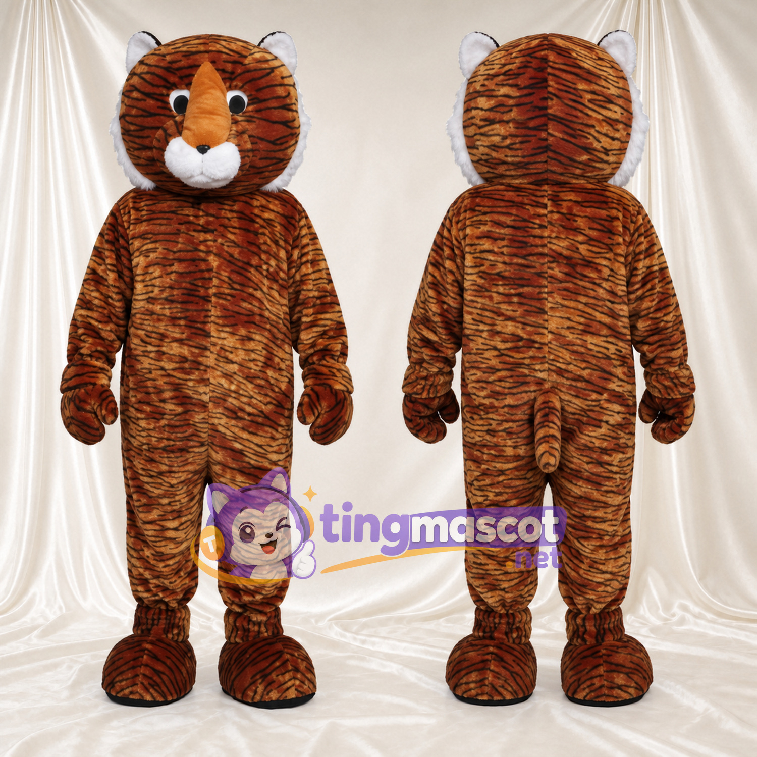 Costume de mascotte Tigre – marron – Museau (blanc); Fines rayures Costume de mascotte Tigre – marron – Museau (blanc); Fines rayures