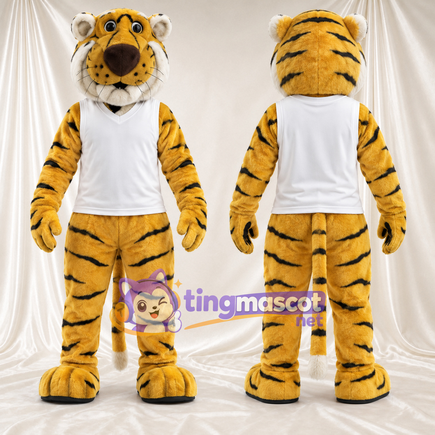 Costume de mascotte Tigre – jaune – Débardeur (blanc) Costume de mascotte Tigre – jaune – Débardeur (blanc)