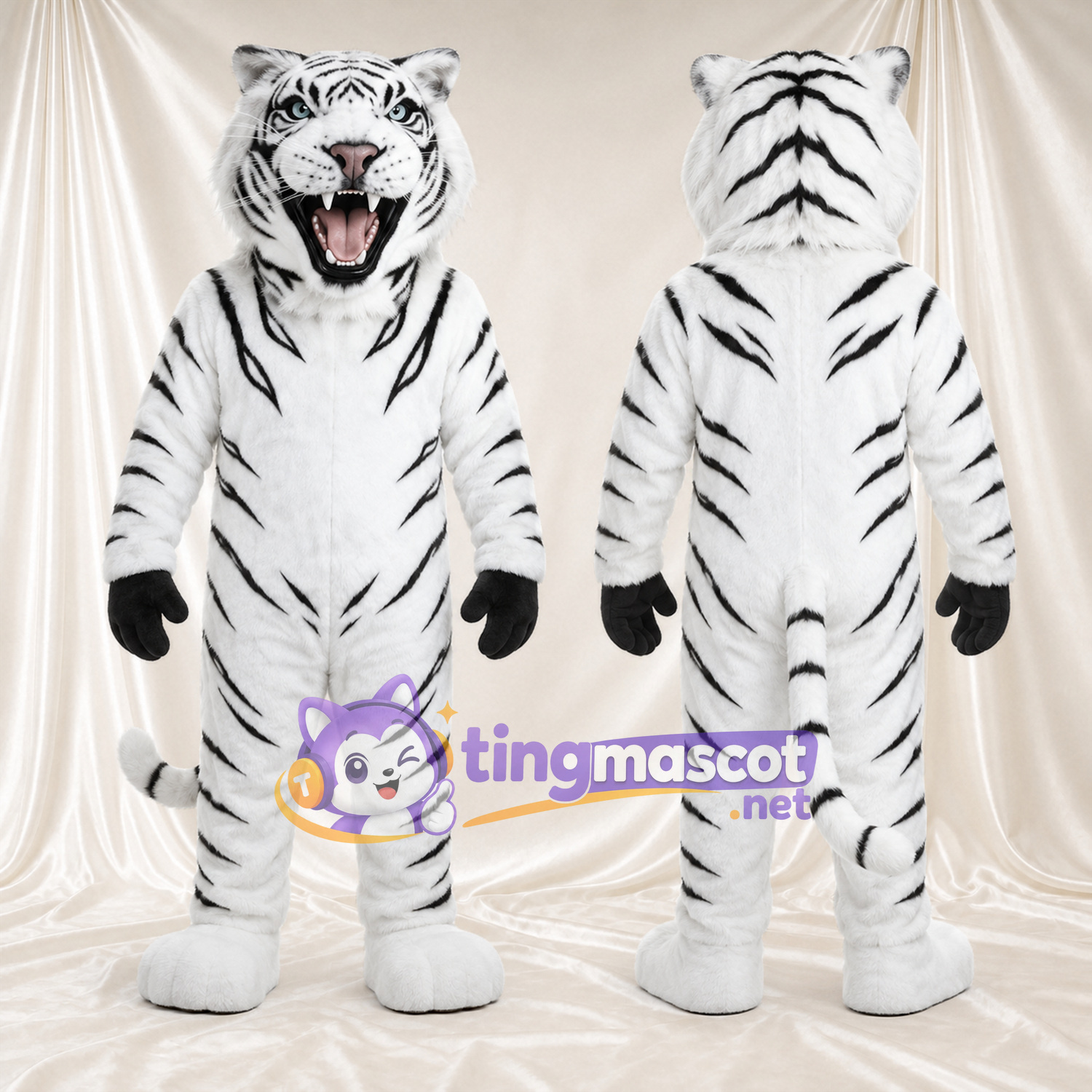 Costume de mascotte Tigre – blanc – Rayures (noir); Gants (noir) Costume de mascotte Tigre – blanc – Rayures (noir); Gants (noir)