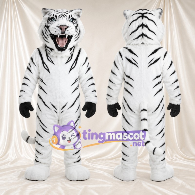 Costume de mascotte Tigre – blanc – Rayures (noir); Gants (noir)